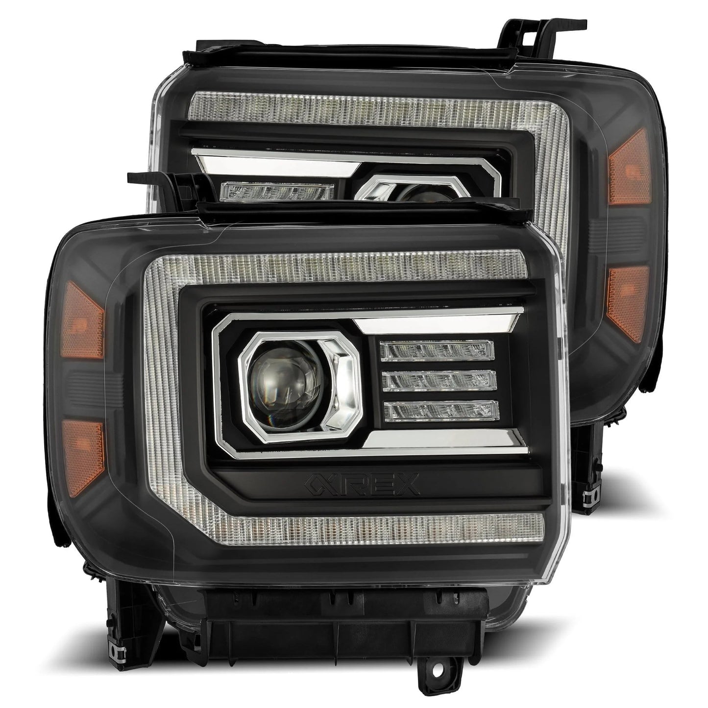 AlphaRex Black Plank Style Halogen Projector Headlights w/ Activation Light, Switchback DRL & Sequential Signal for 2014-2018 GMC Sierra 1500 / 2015-2018 Sierra 2500HD/3500HD (SKU ARX880613 / AHL-GS14-P-S-B)