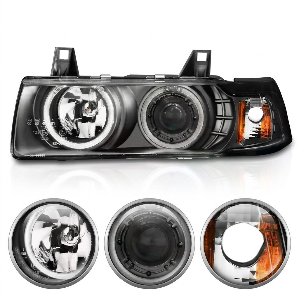 Anzo USA Black Housing G2 1-Piece Projector Headlights w/ Halos & Clear Lens for BMW 318i / 320i E36 4-Door Sedan (1992-1998)  ANZ121325