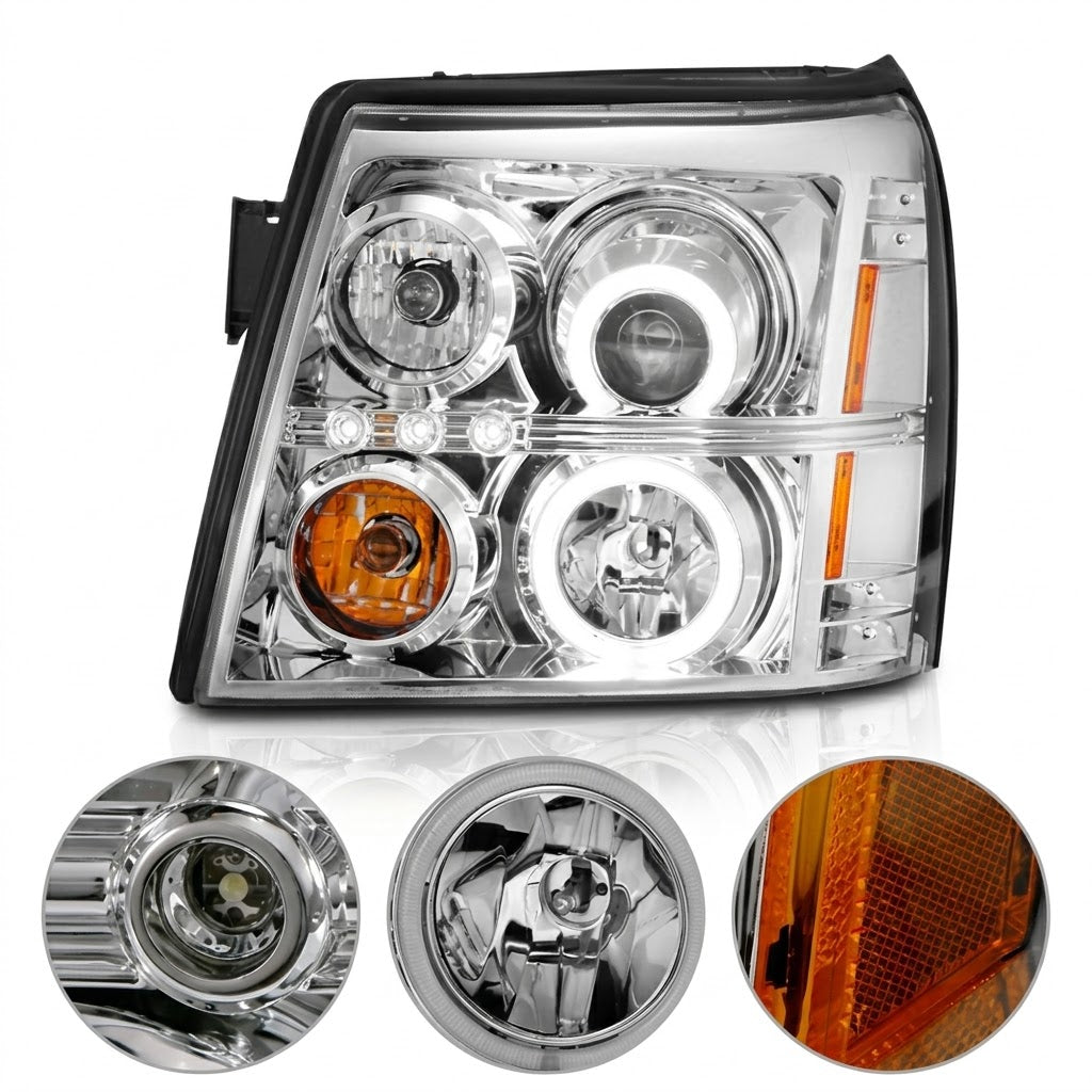 Anzo USA Chrome Housing Projector Headlights w/ SMD LED Halos for Cadillac Escalade & ESV OEM HID Models (2002-2006)  ANZ111176
