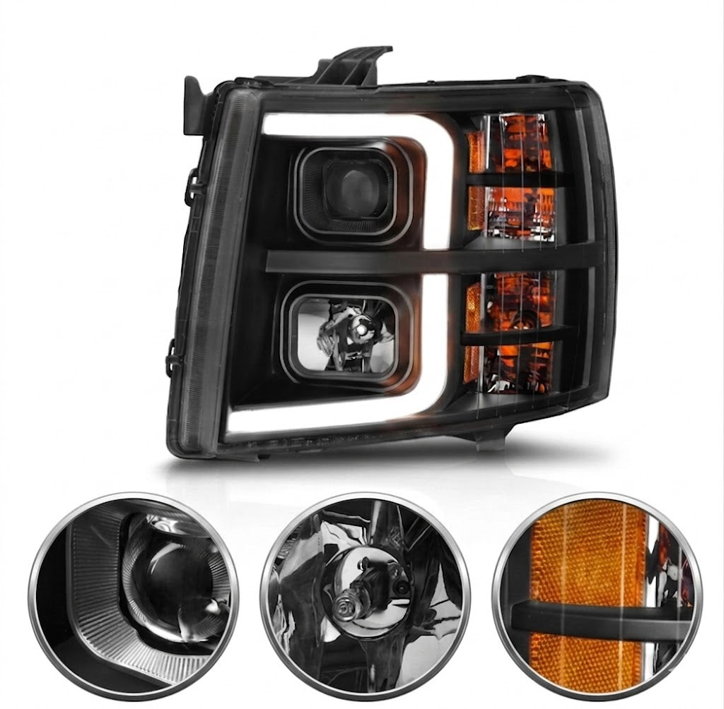 Anzo USA Black Projector Headlights w/ LED Light Bar & Sequential Turn Signals for Chevrolet Silverado 1500 (2007-2013) & 2500HD/3500HD (2007-2014) — Pair | ANZ111545