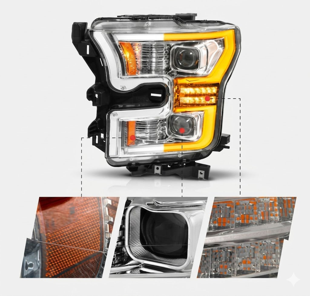 Anzo USA Chrome Plank Style Full LED Projector Headlights w/ Sequential Turn Signals for Ford F-150 (2015-2017) — Pair | ANZ111631A
