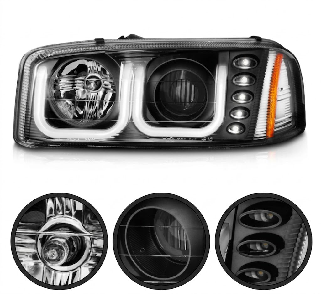 Anzo USA Black Housing Projector Headlights w/ U-Bar & LED Parking Lights for GMC Sierra (1999-2006), Yukon/XL (2000-2006) & Denali (2001-2006) — Pair | ANZ111303
