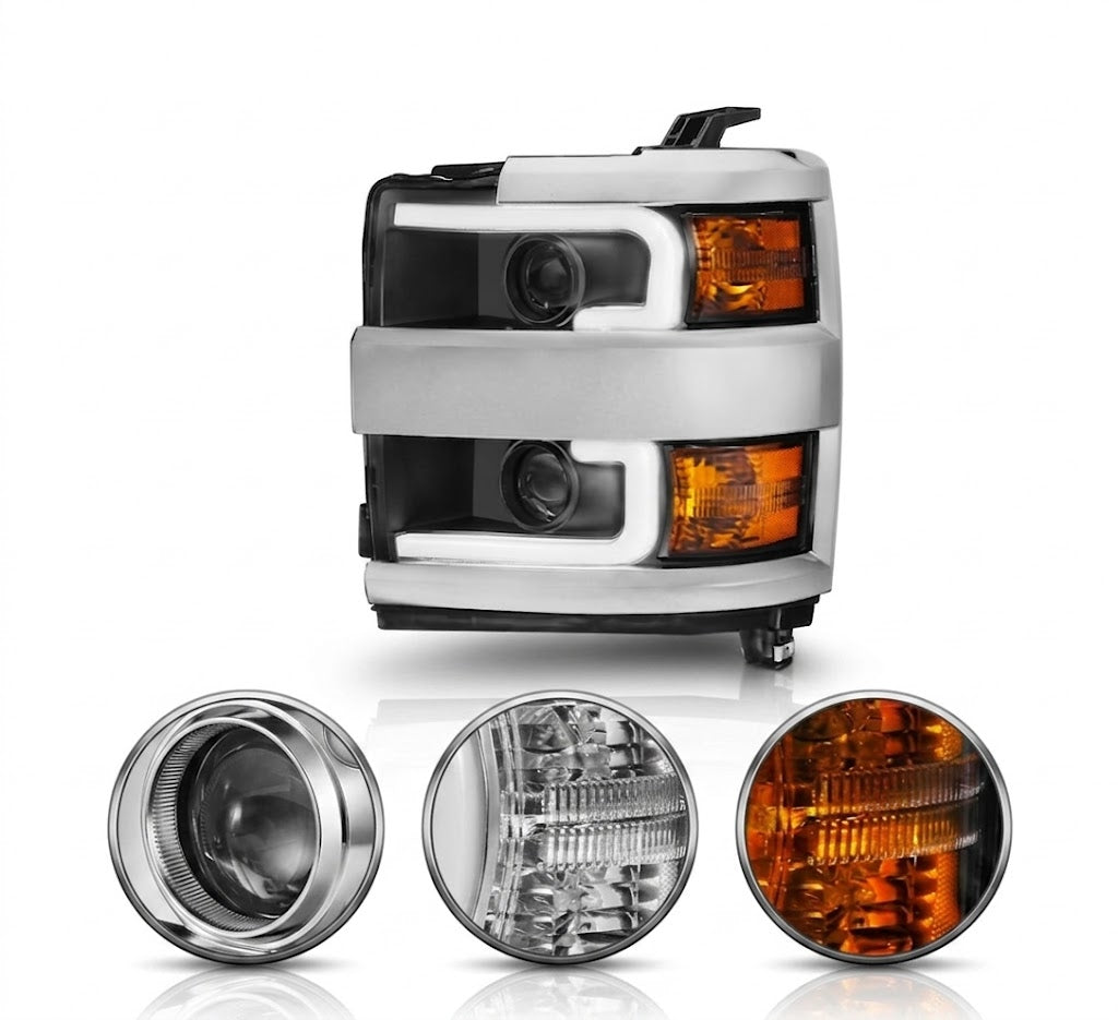 Anzo USA Black/Amber Plank Style Switchback Projector Headlights w/ Chrome Trim for Chevrolet Silverado 2500HD/3500HD (2015-2019) — Pair | Part  ANZ111365