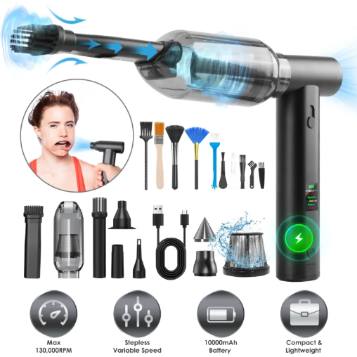 Pro Type Air Compressor Duster with 130,000 RPM Brushless Motor, Stepless Variable Speed, 1WmAh Cordless Battery, Dust Blower, Handheld Vacuum Cleaner, Jet Blower, Dry Blower for PC, Keyboard, Home, Car