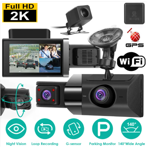 2K Car DVR 3-Channel Dash Cam Camcorder Camera Recorder with 140-Degree Angle, GPS, WiFi, Night Vision, G-Sensor, Loop Recording, Parking Monitor